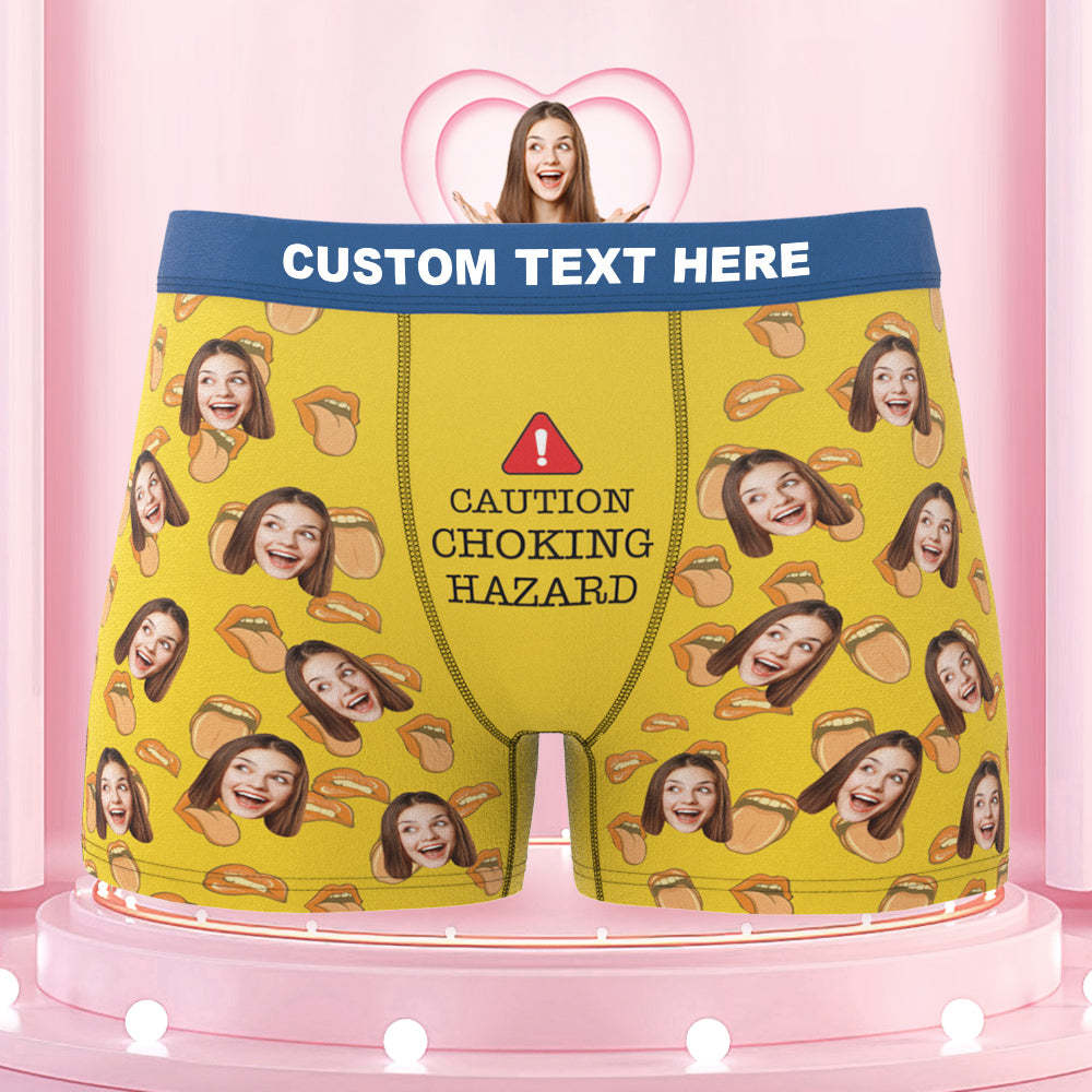 Men's Customized Boxer Shorts Colorful Waistband Choking Hazard Caution - MyFaceBoxer