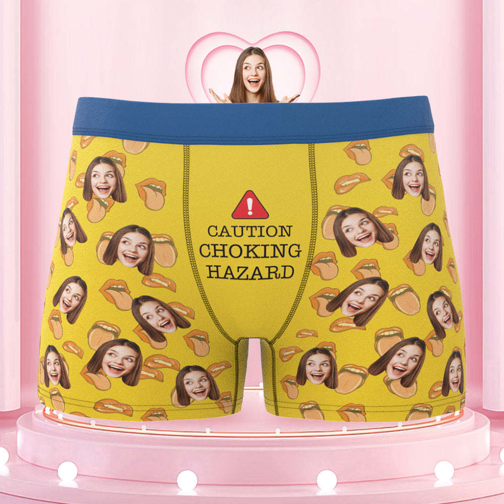 Men's Customized Boxer Shorts Colorful Waistband Choking Hazard Caution - MyFaceBoxer