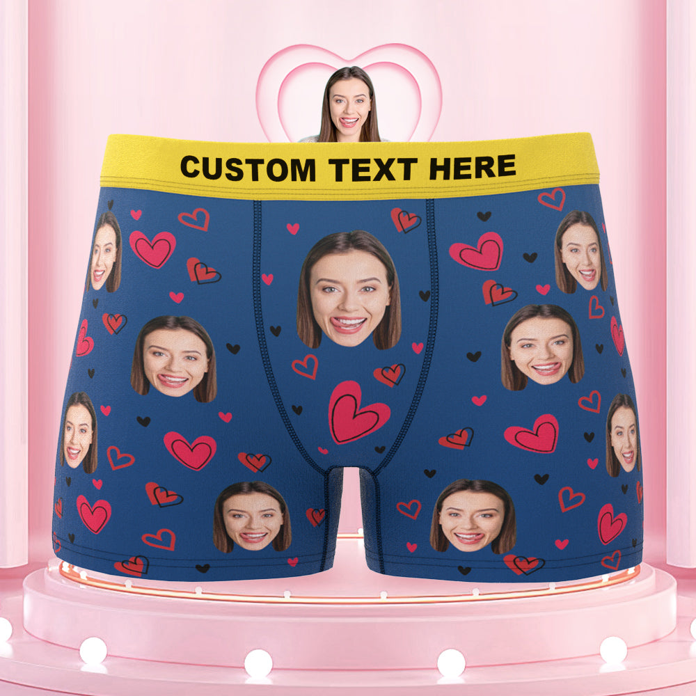Custom Girlfriend's Face Boxers with Colorful Waistband Full of Love Hearts