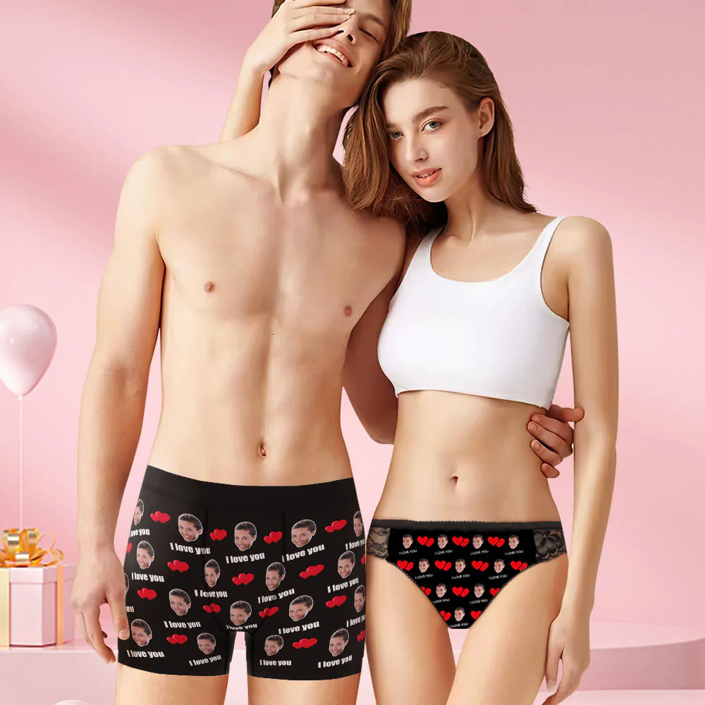 Custom Face Matching Underwear for Couples I Love You Gift for Lovers - MyFaceBoxer