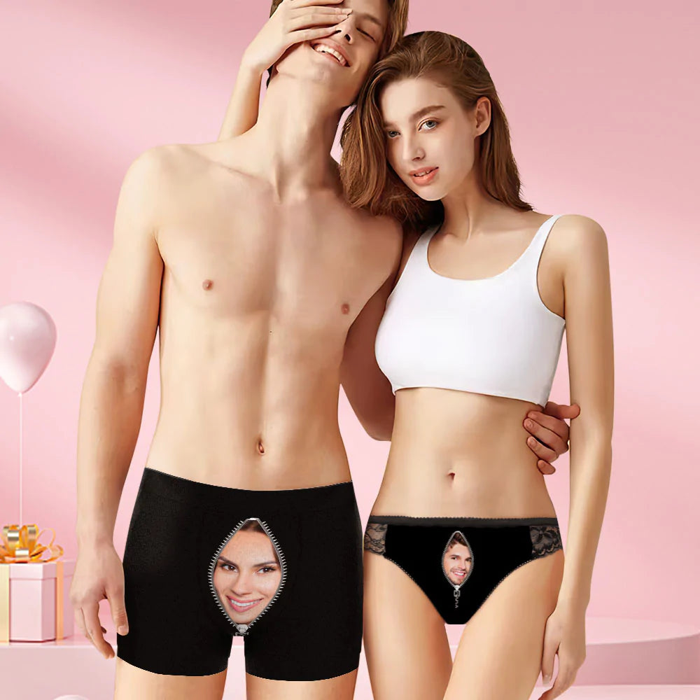 Custom Face Matching Underwear for Couples Zipper Style Valentine's Day Gift - MyFaceBoxer