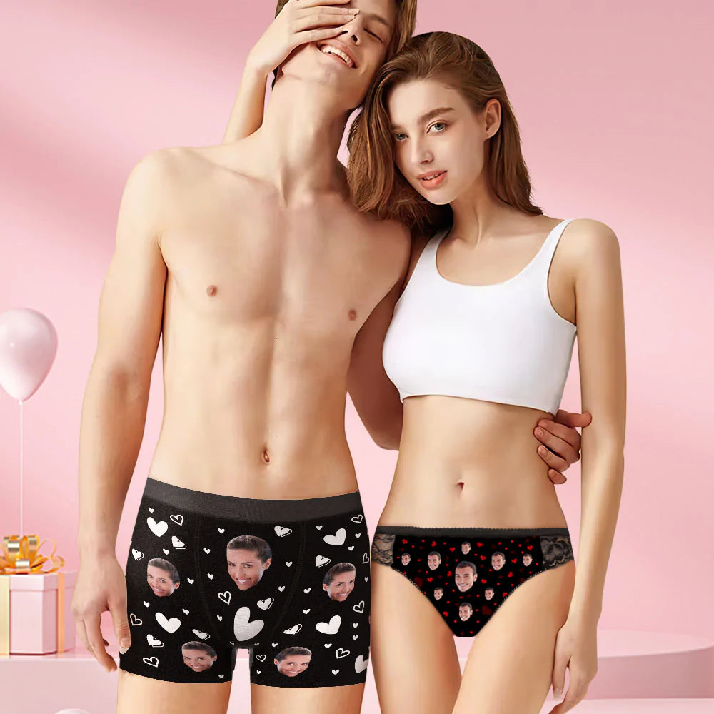 Custom Face Matching Underwear for Couples Love of Heart Valentine's Day Gift for Lovers - MyFaceBoxer