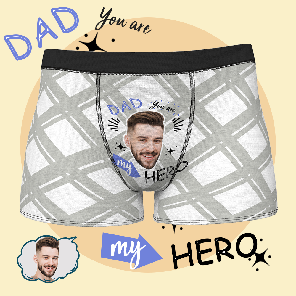 Custom Face Men's Boxer Briefs Personalized Photo Underwear for Men Plaid Boxer Shorts with Face Father's Day Gifts Best Father's Boxer Briefs - DAD MY HERO - MyFaceBoxer