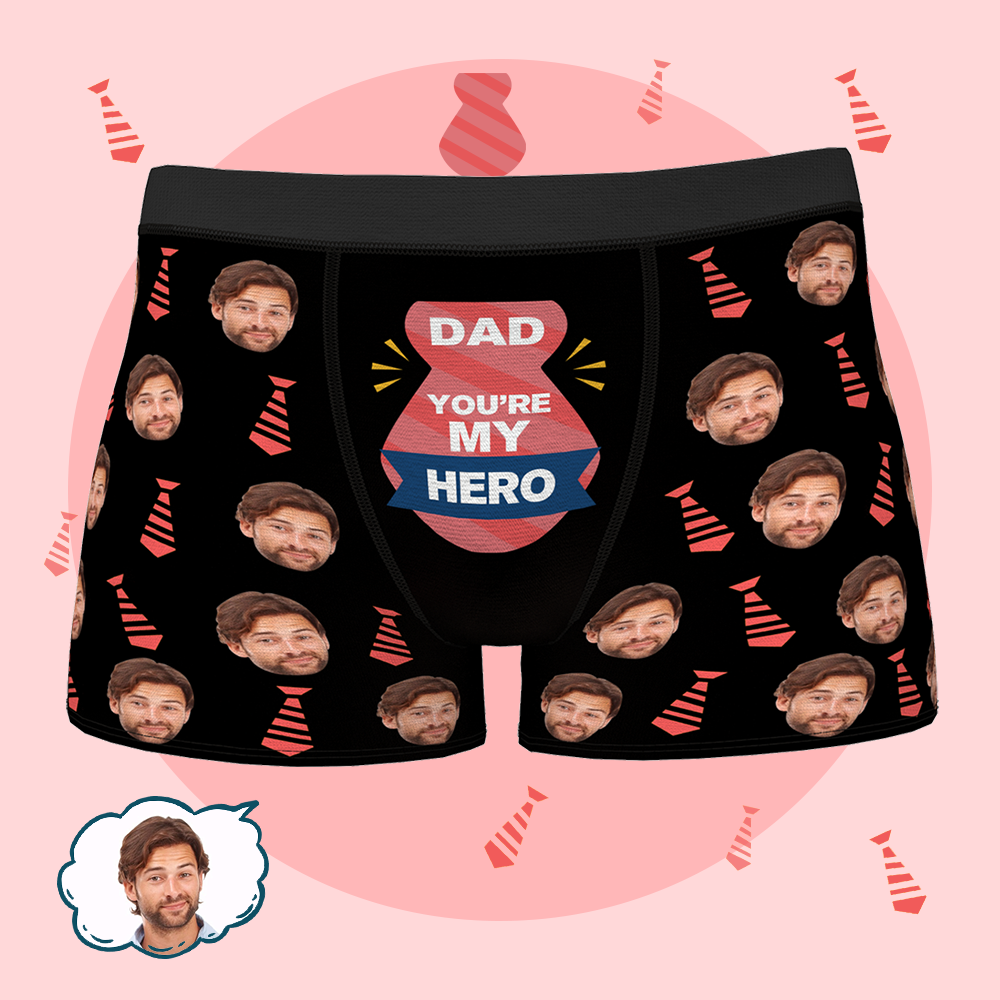 Custom Face Men's Boxer Briefs Personalized Photo Underwear for Men Red Ties Boxer Shorts with Face Father's Day Gifts Best Father's Boxer Briefs - DAD MY HERO - MyFaceBoxer