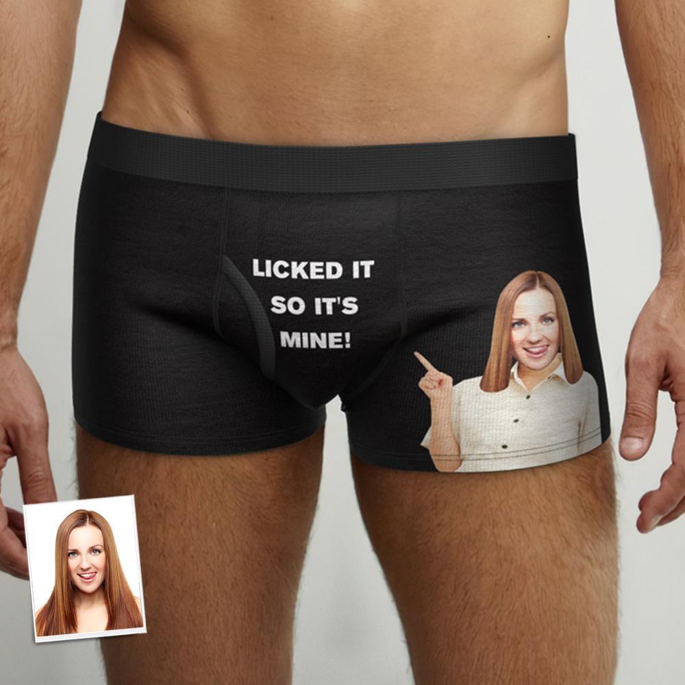 Men Custom Pocket Boxers Personalized Girlfriend Face Underwear Gift for Him - Licked it so it's mine - MyFaceBoxer