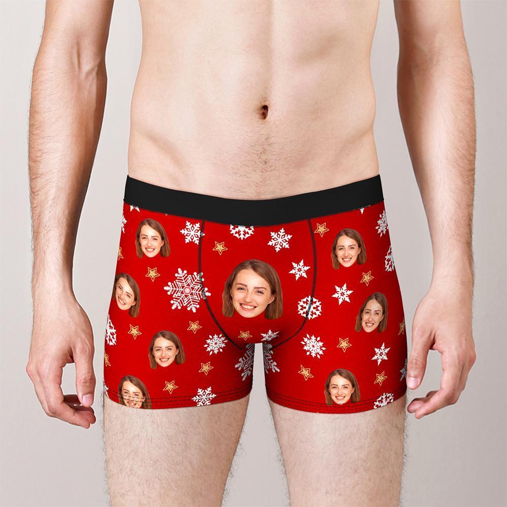 Custom Face Boxers Shorts Christmas Snowflakes Personalised Photo Underwear Christmas Gift for Men - MyFaceBoxer