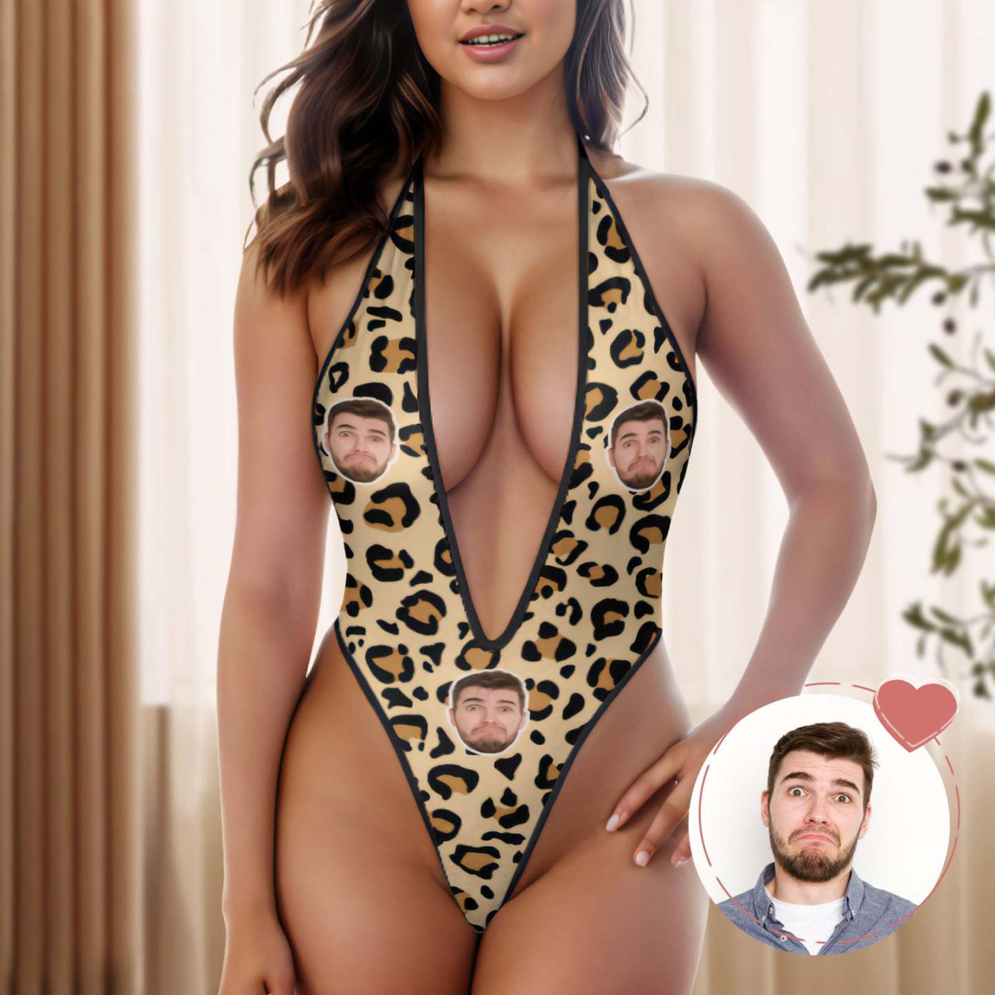 Custom Face Mesh Lingerie Leopard Women's Deep V Lingerie Sexy Jumpsuits Sexy Lingerie Underwear - MyFaceBoxer