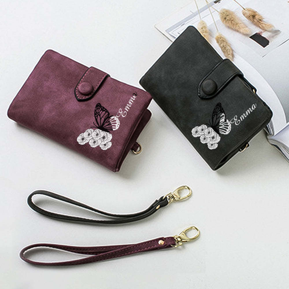 Custom Tri-Fold Butterfly Birth Flower Leather Wallet with Coin Holder Personalized Mother's Day Gift for Woman - MyFaceBoxer