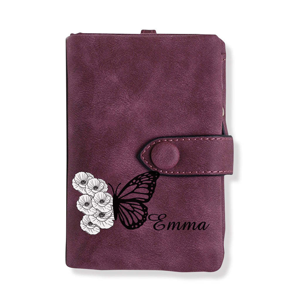 Custom Tri-Fold Butterfly Birth Flower Leather Wallet with Coin Holder Personalized Mother's Day Gift for Woman - MyFaceBoxer