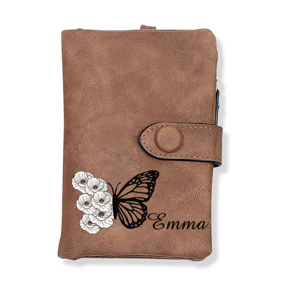 Custom Tri-Fold Butterfly Birth Flower Leather Wallet with Coin Holder Personalized Mother's Day Gift for Woman - MyFaceBoxer