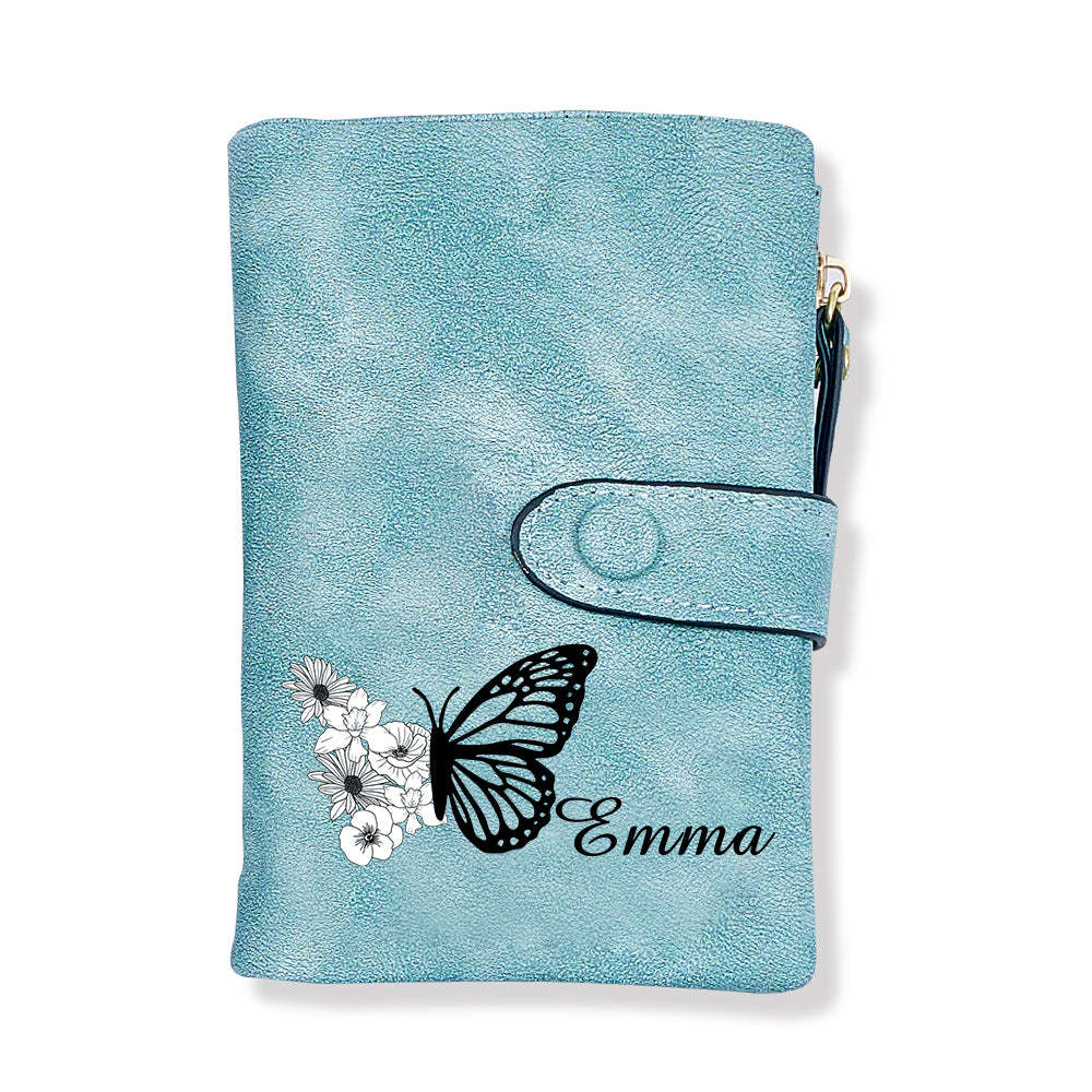 Custom Tri-Fold Butterfly Birth Flower Leather Wallet with Coin Holder Personalized Mother's Day Gift for Woman - MyFaceBoxer