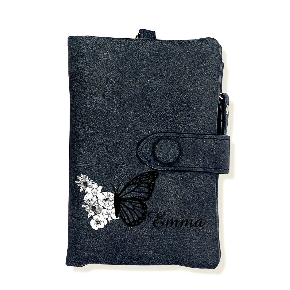Custom Tri-Fold Butterfly Birth Flower Leather Wallet with Coin Holder Personalized Mother's Day Gift for Woman - MyFaceBoxer