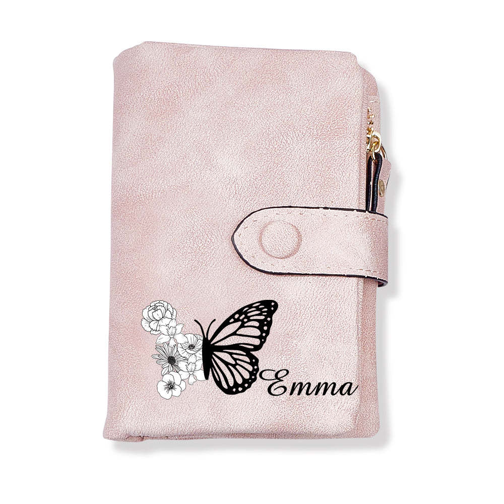 Custom Tri-Fold Butterfly Birth Flower Leather Wallet with Coin Holder Personalized Mother's Day Gift for Woman - MyFaceBoxer