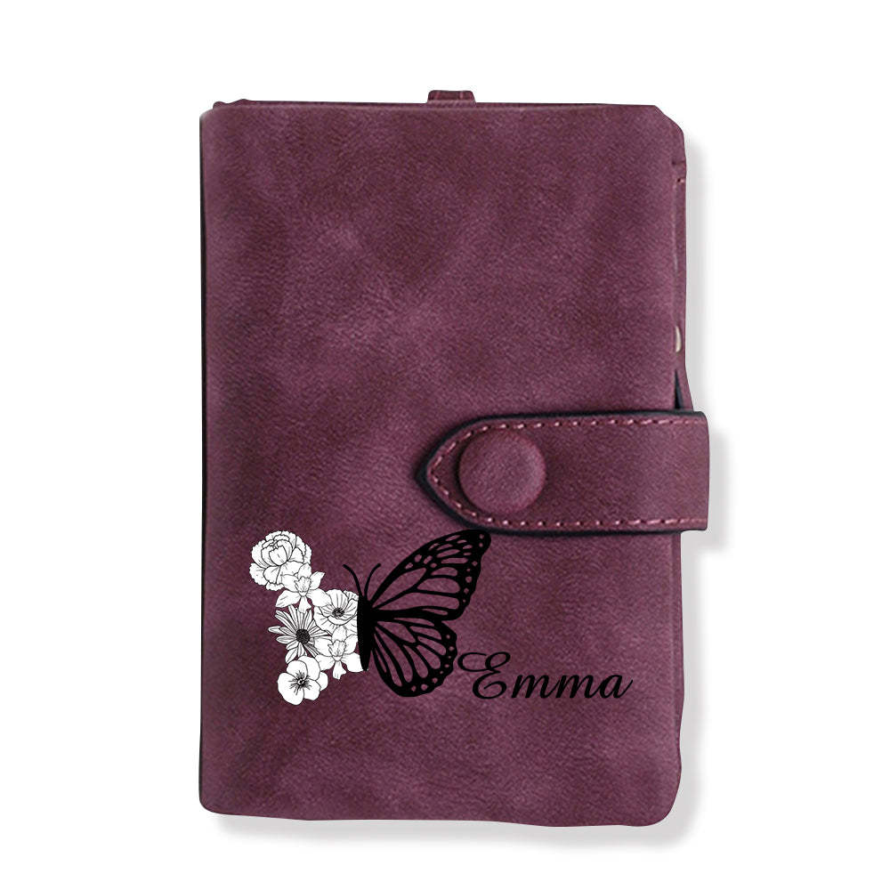 Custom Tri-Fold Butterfly Birth Flower Leather Wallet with Coin Holder Personalized Mother's Day Gift for Woman - MyFaceBoxer