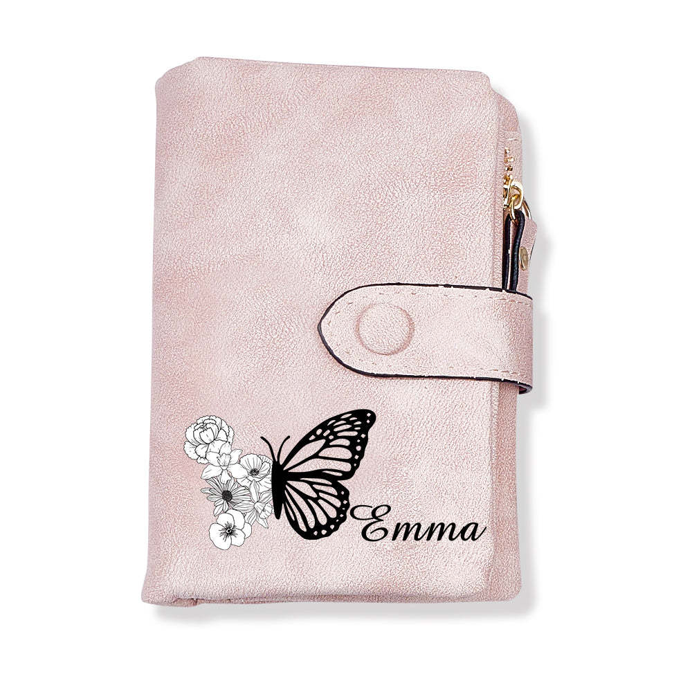 Custom Tri-Fold Butterfly Birth Flower Leather Wallet with Coin Holder Personalized Mother's Day Gift for Woman - MyFaceBoxer