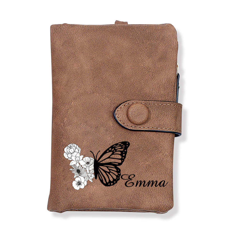 Custom Tri-Fold Butterfly Birth Flower Leather Wallet with Coin Holder Personalized Mother's Day Gift for Woman - MyFaceBoxer