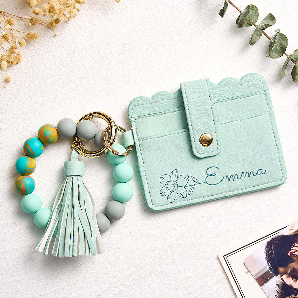 Personalized Birth Flower Leather Wallet with Beaded Bracelet Wallet Gift for Her - MyFaceBoxer