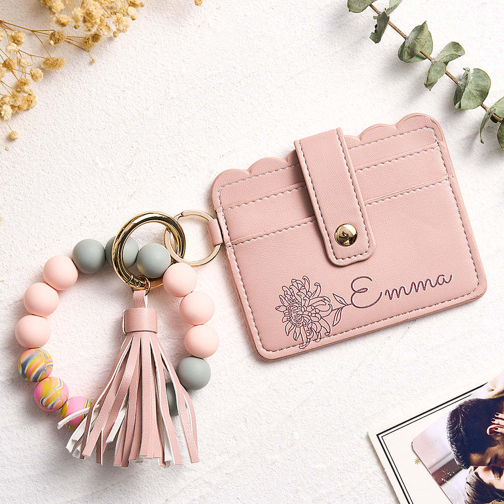 Personalized Birth Flower Leather Wallet with Beaded Bracelet Wallet Gift for Her - MyFaceBoxer
