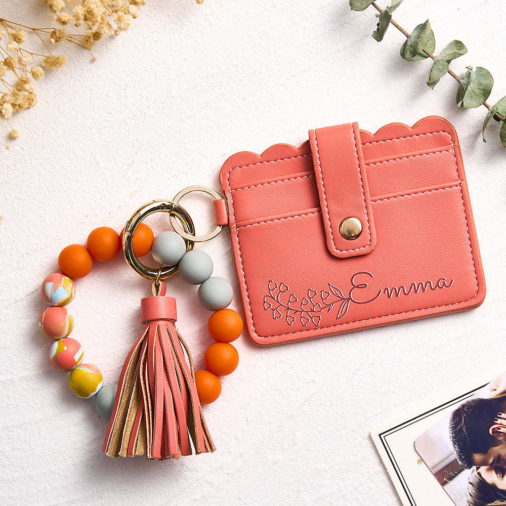 Personalized Birth Flower Leather Wallet with Beaded Bracelet Wallet Gift for Her - MyFaceBoxer