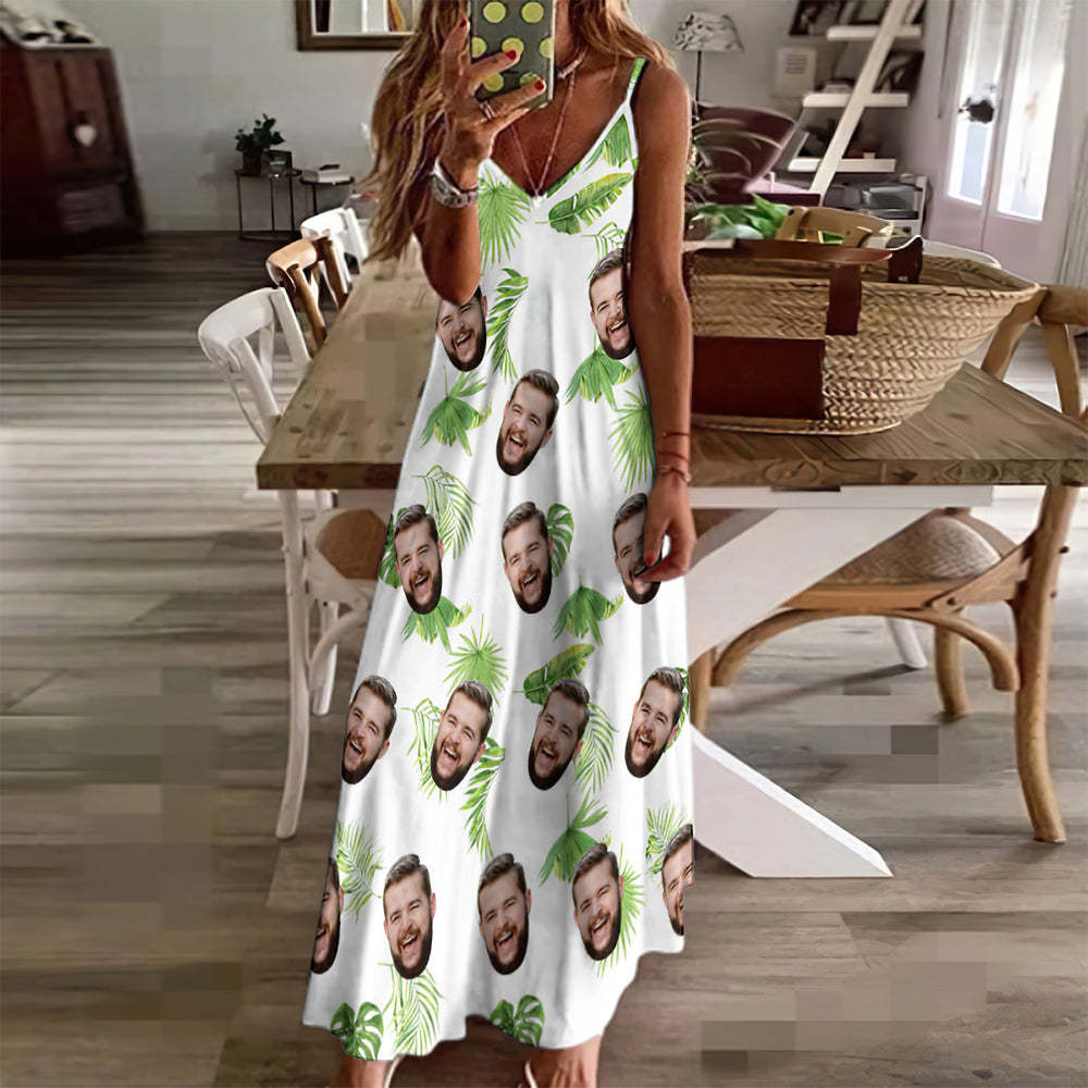 Custom Face Sling Hawaiian Style Long Dress Fresh Palm Leaves - MyFaceBoxer