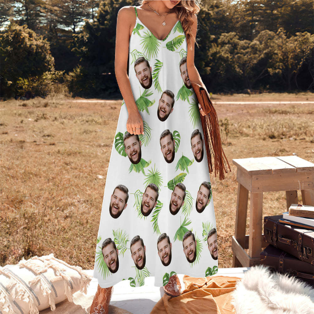 Custom Face Sling Hawaiian Style Long Dress Fresh Palm Leaves - MyFaceBoxer