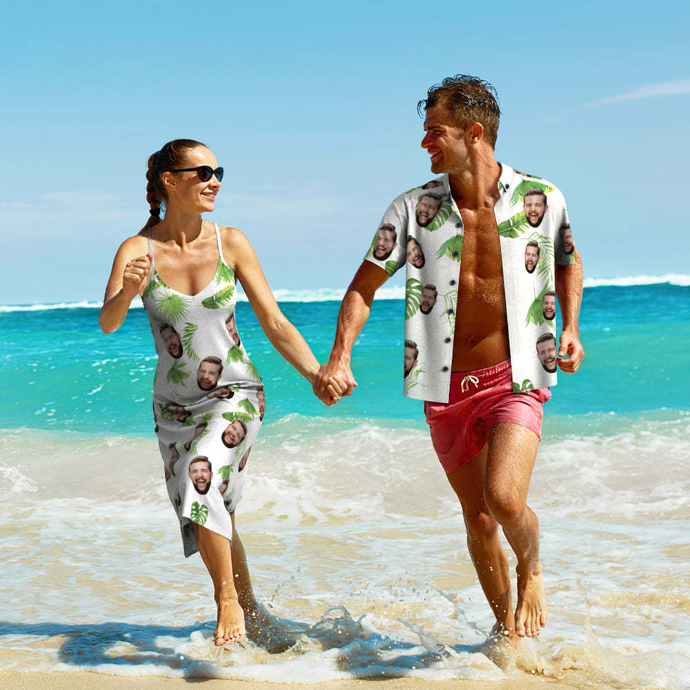 Custom Face Hawaiian Style Fresh Palm Leaves Long Dress And Shirt Couple Outfit - MyFaceBoxer