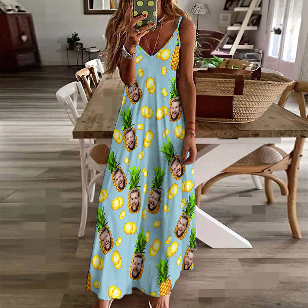 Custom Face Sling Hawaiian Style Long Dress Big Pineapple - MyFaceBoxer