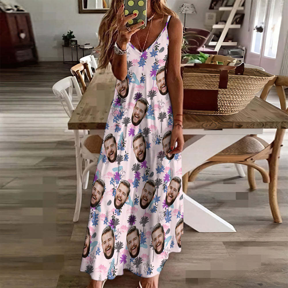 Custom Face Sling Hawaiian Style Long Dress All Over Print Clouds And Trees - MyFaceBoxer