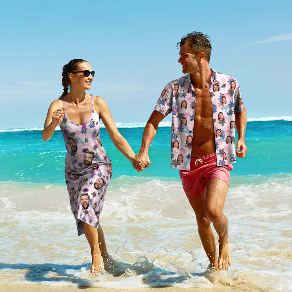 Custom Face Hawaiian Style All Over Print Clouds And Trees Long Dres And Shirt Couple Outfit - MyFaceBoxer