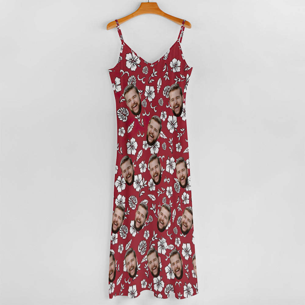 Custom Face Sling Hawaiian Style Red Long Dress White Flowers Design - MyFaceBoxer
