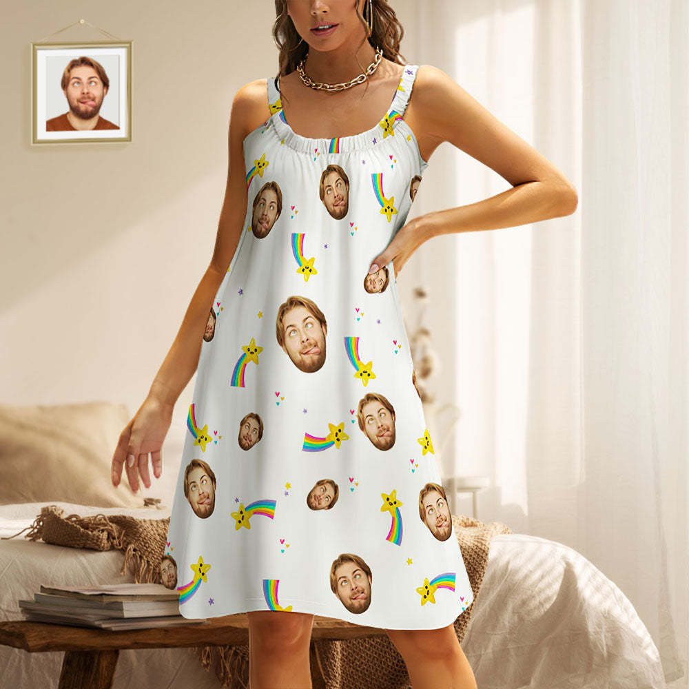 Custom Face Daytime Sleep Dress Personalized Photo Women Long Nightdress Rainbow - MyFaceBoxer