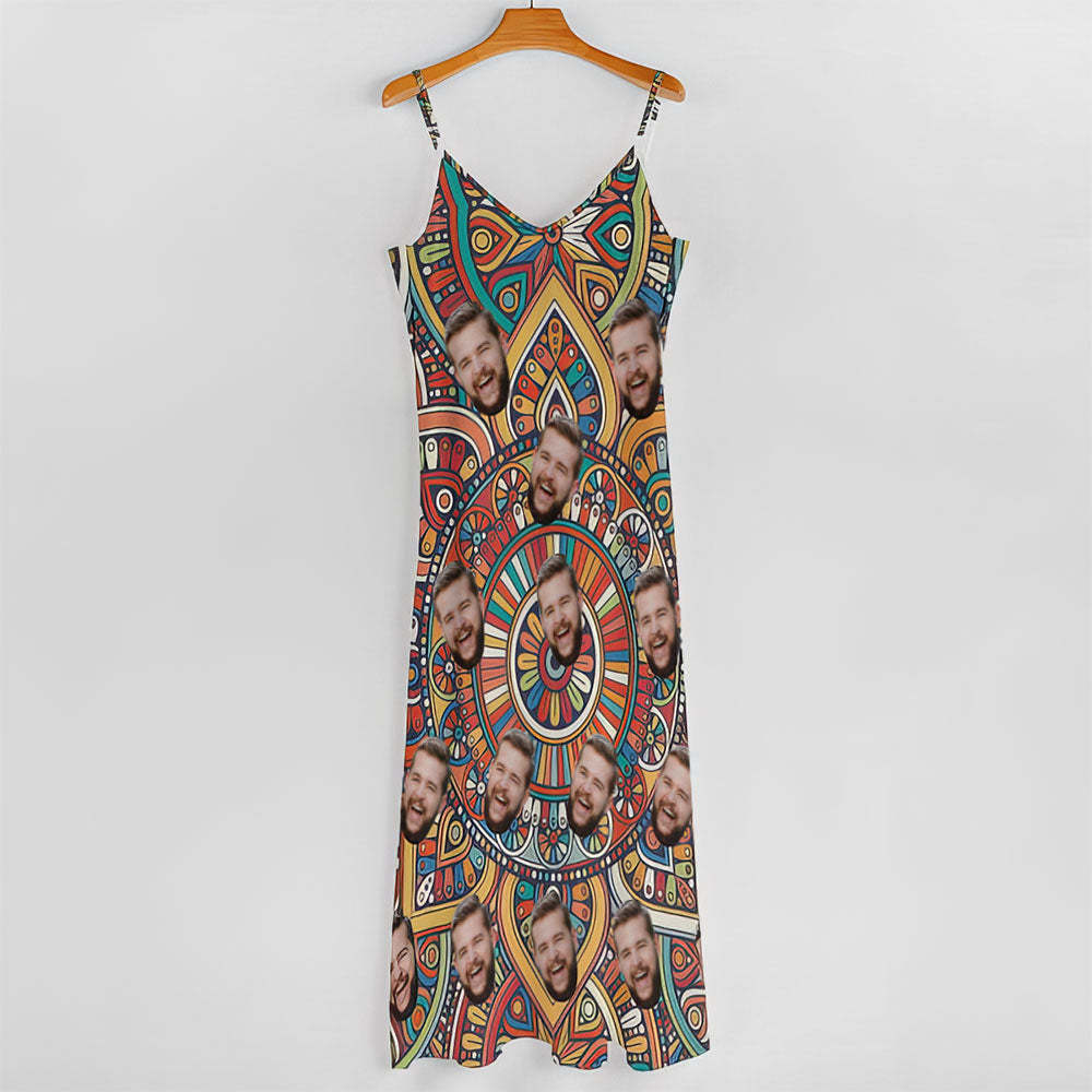 Custom Face Vintage Boho Dress Personalized Beach Dress Casual Loose Party Long Dress - MyFaceBoxer