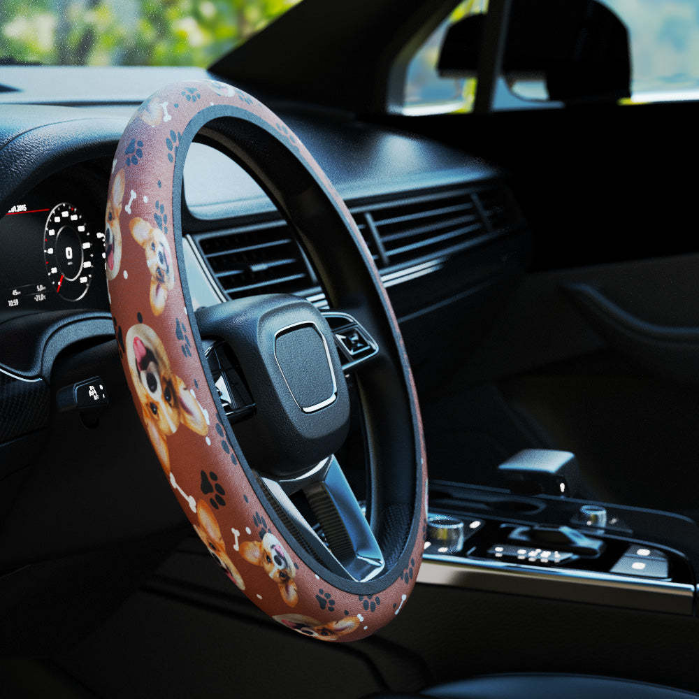 Personalized Pet Portrait Anti-Slip Car Steering Wheel Cover with Paw Bone Design Car Accessories Gift for Car Owner - MyFaceBoxer
