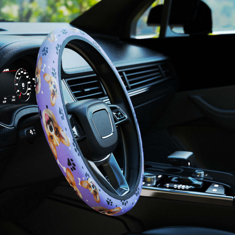 Personalized Pet Portrait Anti-Slip Car Steering Wheel Cover with Paw Bone Design Car Accessories Gift for Car Owner - MyFaceBoxer