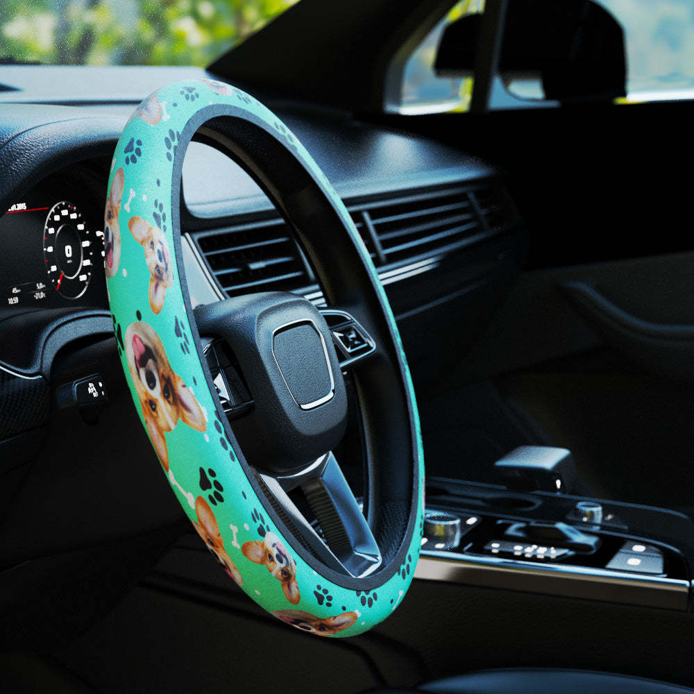 Personalized Pet Portrait Anti-Slip Car Steering Wheel Cover with Paw Bone Design Car Accessories Gift for Car Owner - MyFaceBoxer