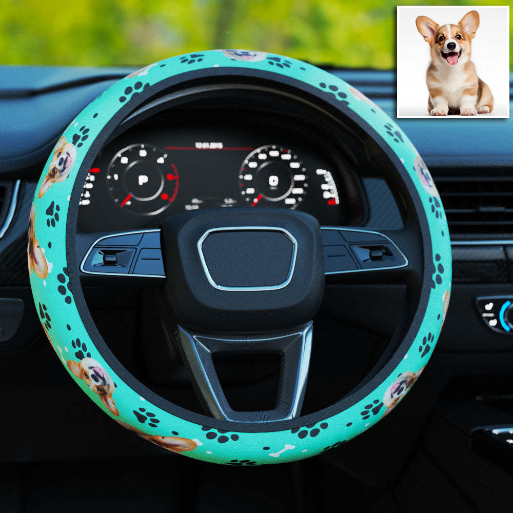 Personalized Pet Portrait Anti-Slip Car Steering Wheel Cover with Paw Bone Design Car Accessories Gift for Car Owner - MyFaceBoxer