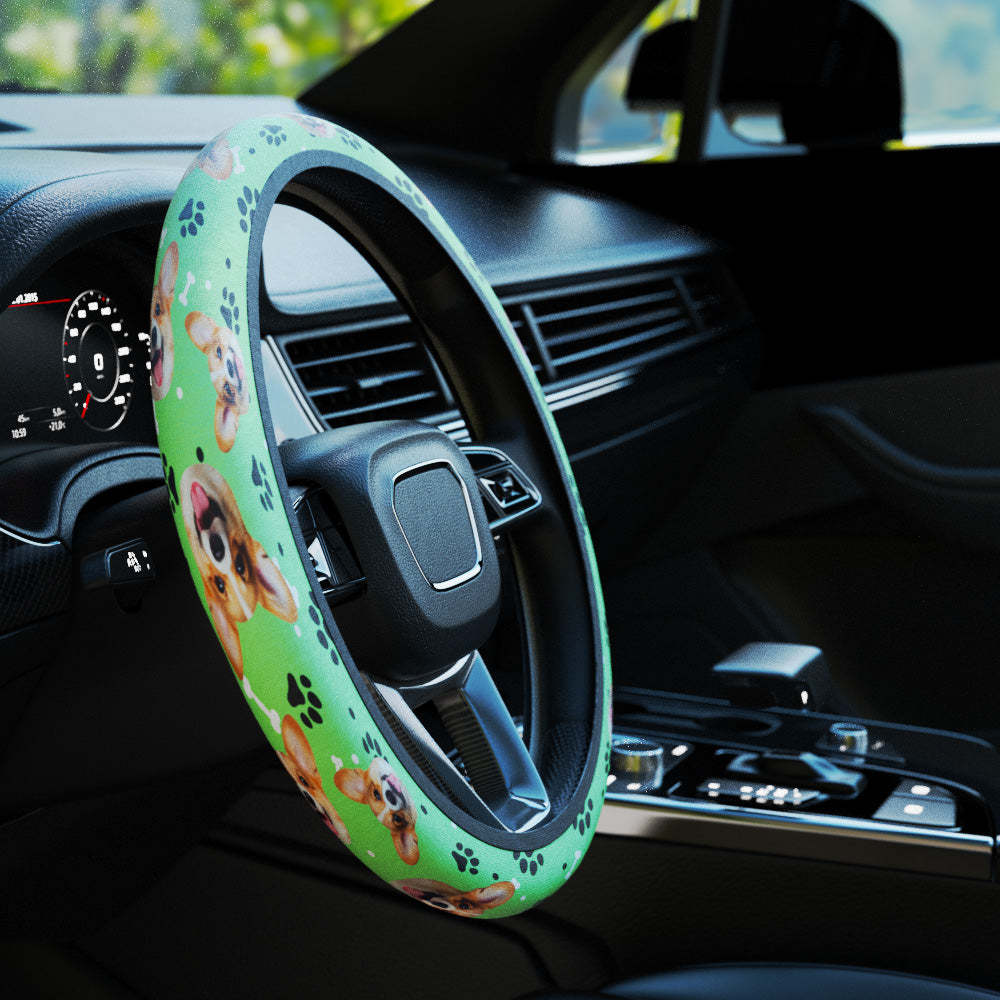 Personalized Pet Portrait Anti-Slip Car Steering Wheel Cover with Paw Bone Design Car Accessories Gift for Car Owner - MyFaceBoxer