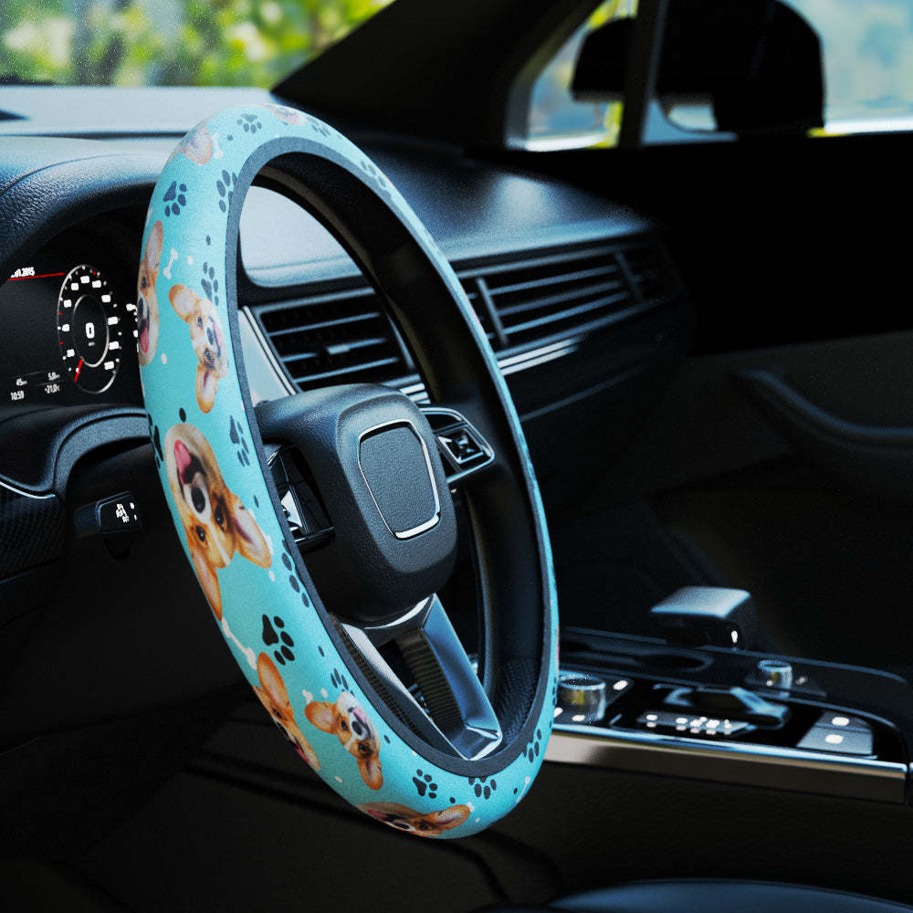 Personalized Pet Portrait Anti-Slip Car Steering Wheel Cover with Paw Bone Design Car Accessories Gift for Car Owner - MyFaceBoxer