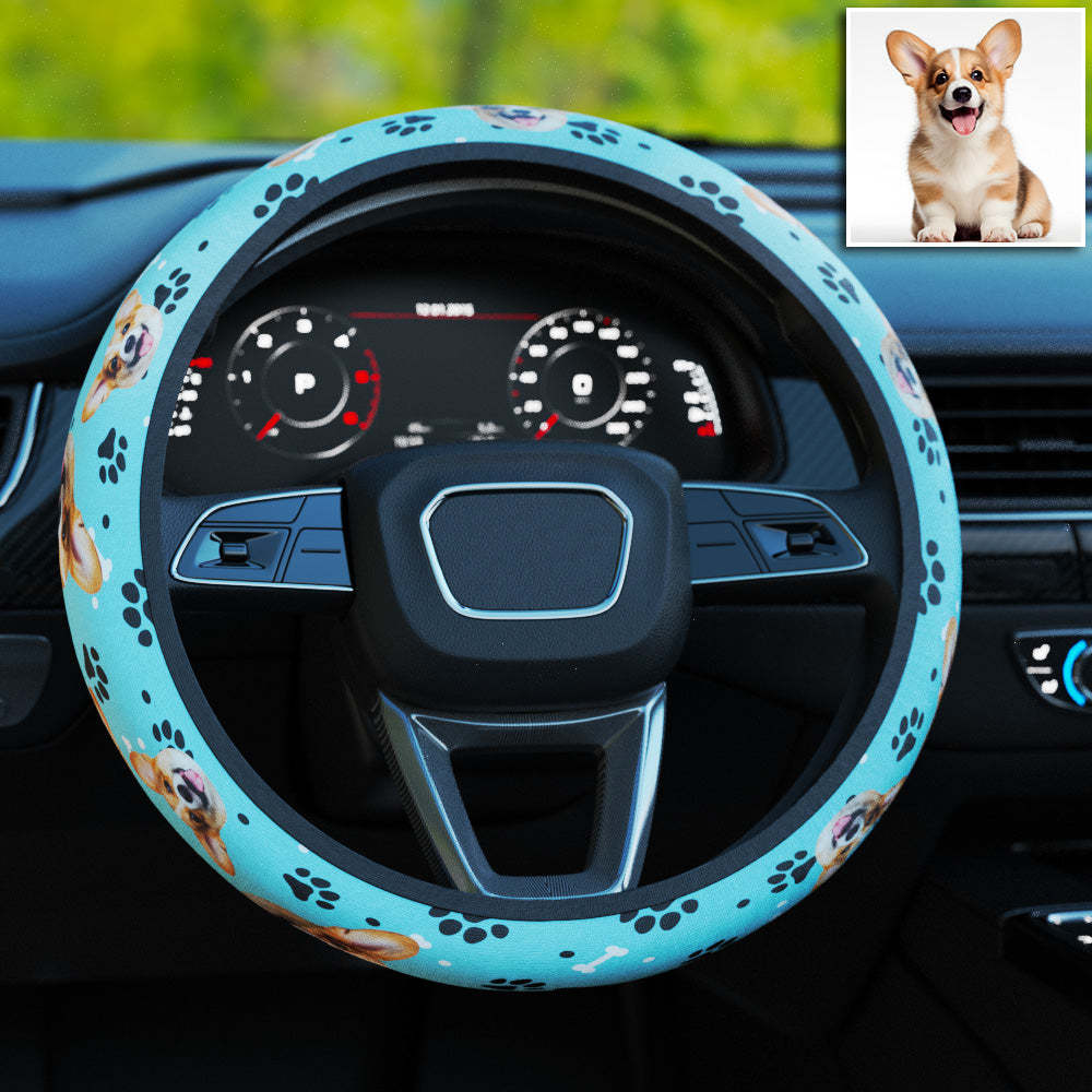 Personalized Pet Portrait Anti-Slip Car Steering Wheel Cover with Paw Bone Design Car Accessories Gift for Car Owner - MyFaceBoxer