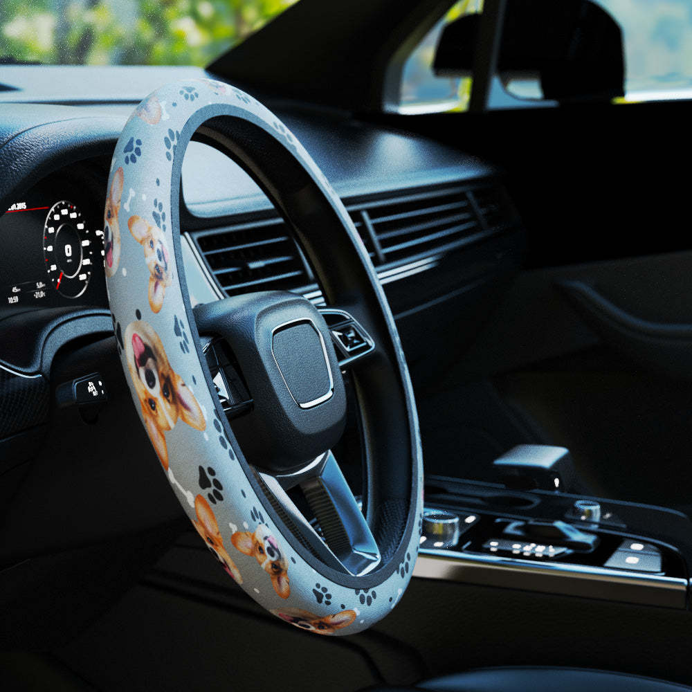 Personalized Pet Portrait Anti-Slip Car Steering Wheel Cover with Paw Bone Design Car Accessories Gift for Car Owner - MyFaceBoxer