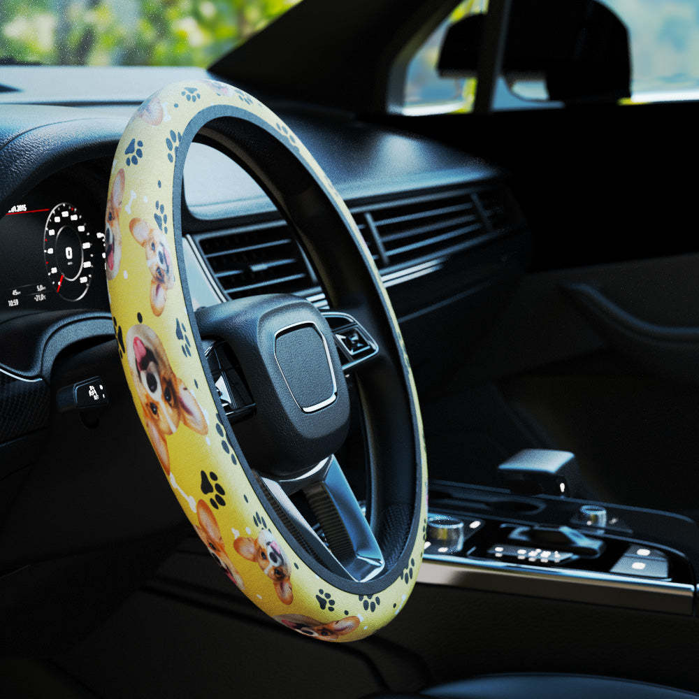 Personalized Pet Portrait Anti-Slip Car Steering Wheel Cover with Paw Bone Design Car Accessories Gift for Car Owner - MyFaceBoxer