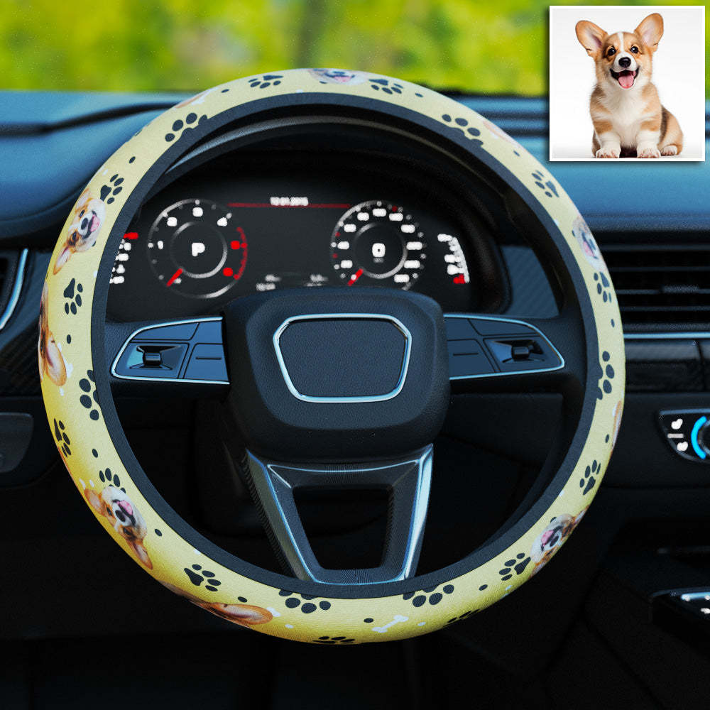 Personalized Pet Portrait Anti-Slip Car Steering Wheel Cover with Paw Bone Design Car Accessories Gift for Car Owner - MyFaceBoxer