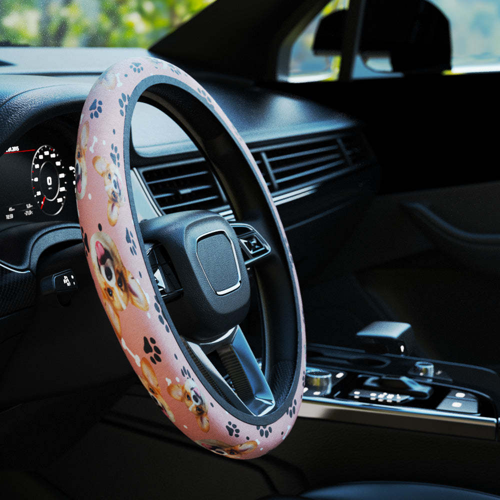 Personalized Pet Portrait Anti-Slip Car Steering Wheel Cover with Paw Bone Design Car Accessories Gift for Car Owner - MyFaceBoxer