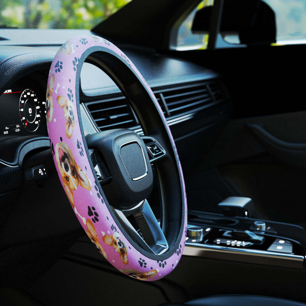 Personalized Pet Portrait Anti-Slip Car Steering Wheel Cover with Paw Bone Design Car Accessories Gift for Car Owner - MyFaceBoxer