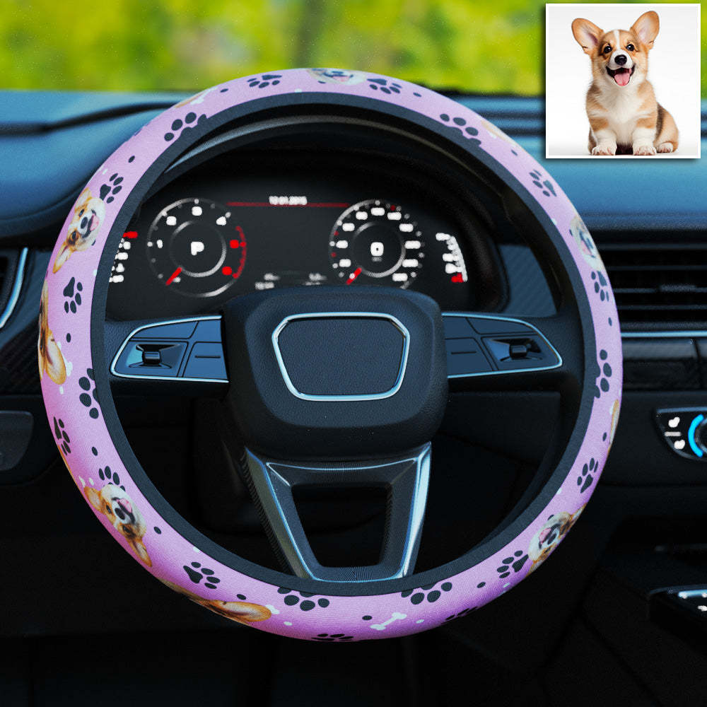 Personalized Pet Portrait Anti-Slip Car Steering Wheel Cover with Paw Bone Design Car Accessories Gift for Car Owner - MyFaceBoxer