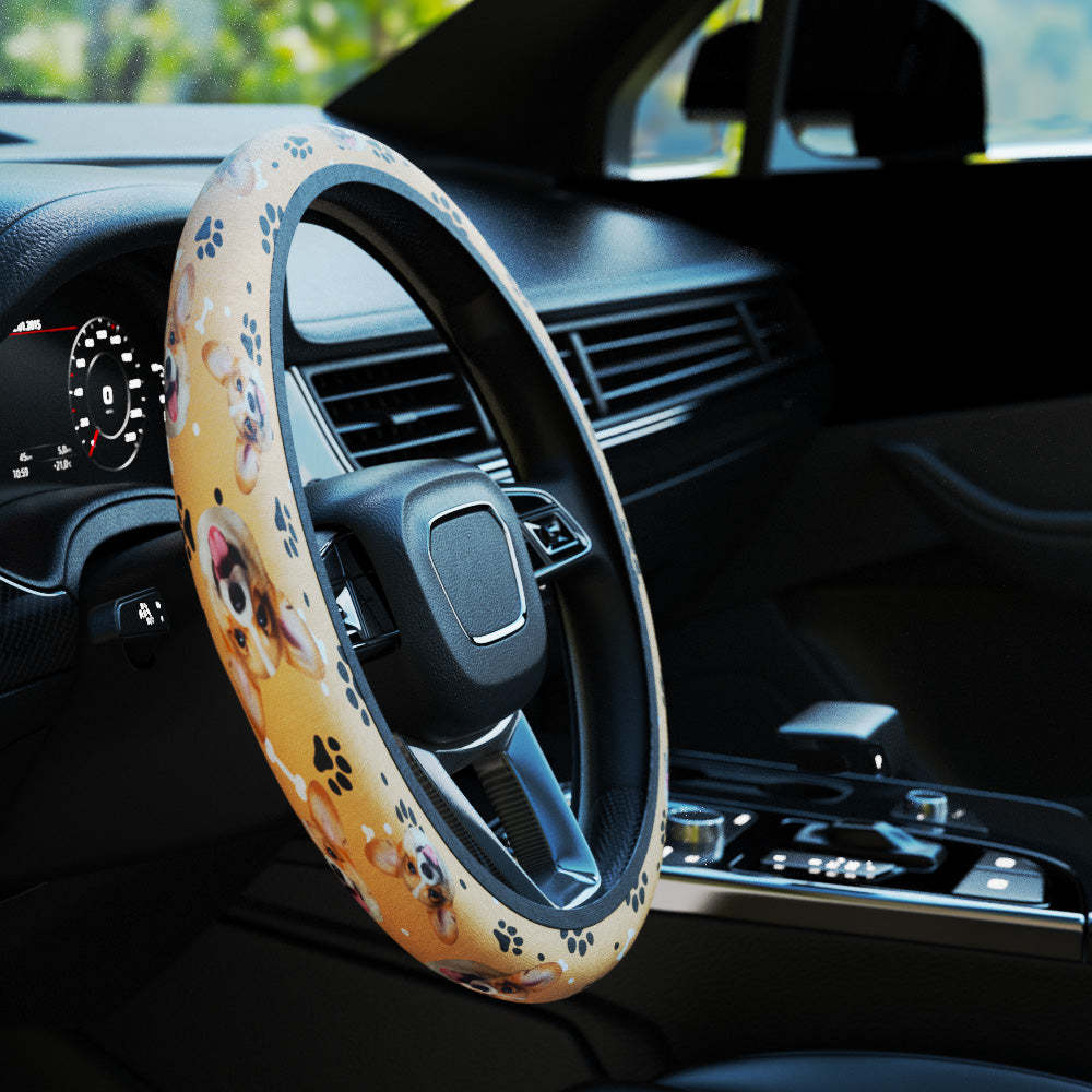 Personalized Pet Portrait Anti-Slip Car Steering Wheel Cover with Paw Bone Design Car Accessories Gift for Car Owner - MyFaceBoxer