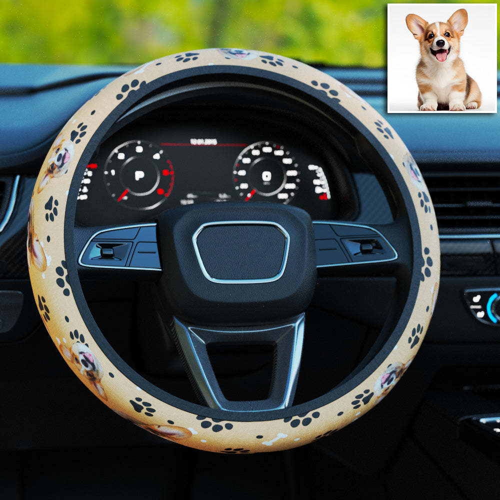 Personalized Pet Portrait Anti-Slip Car Steering Wheel Cover with Paw Bone Design Car Accessories Gift for Car Owner - MyFaceBoxer