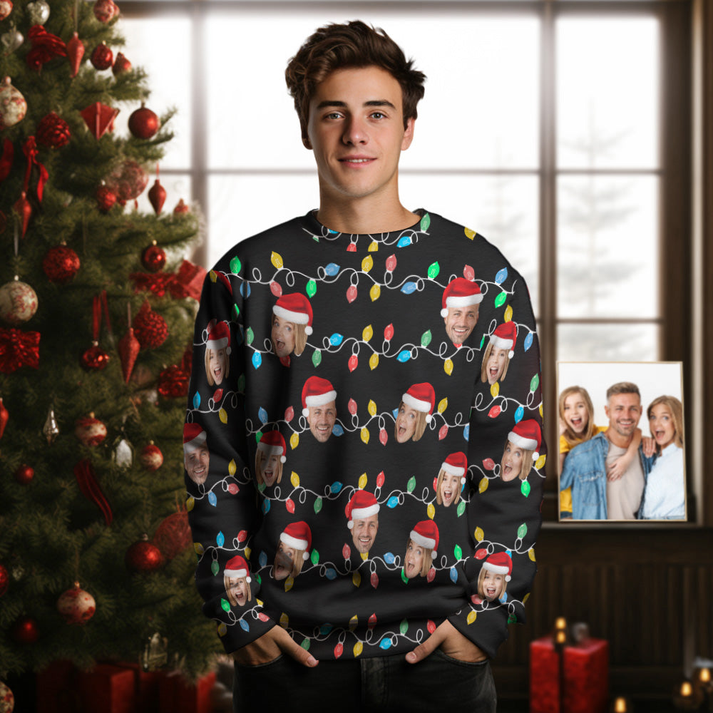 Custom Face Men's Round Neck Sweater Photo Christmas Family Xmas Leds Sweaters - MyFaceBoxer