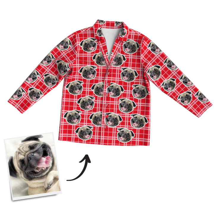 Red Plaid Custom Pet Photo Long Sleeve Pajamas, Nightwear - MyFaceBoxer