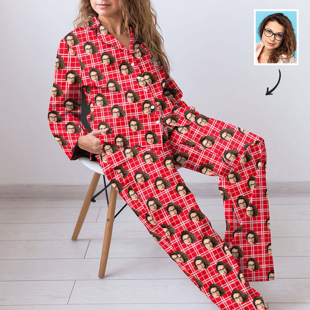 Red Plaid Custom Pet Photo Long Sleeve Pajamas, Nightwear - MyFaceBoxer